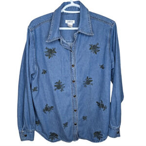 Vintage MESA Floral Embroidered Denim Button  Down Woman Large